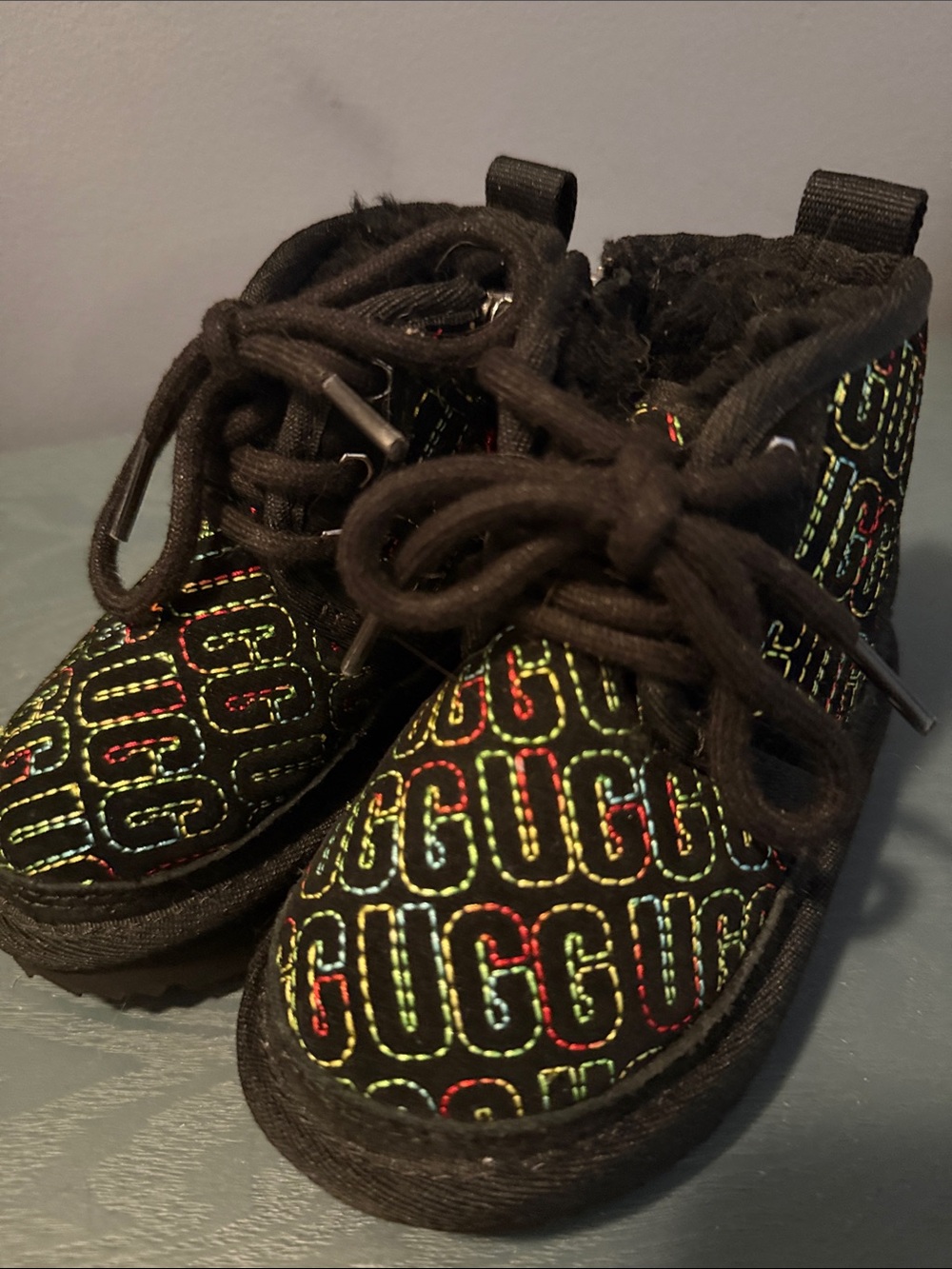 UGG Kids Black Lace-Up Boots with Rainbow Logo Stitching